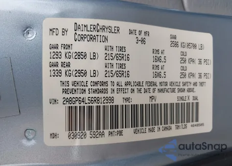 2006 Chrysler Town & Country Limited from USA, damaged, VIN 2A8GP64L56R812998